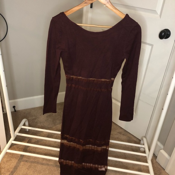 MAROON LONG SLEEVE DRESS WITH MESH DETAIL - Picture 3 of 4